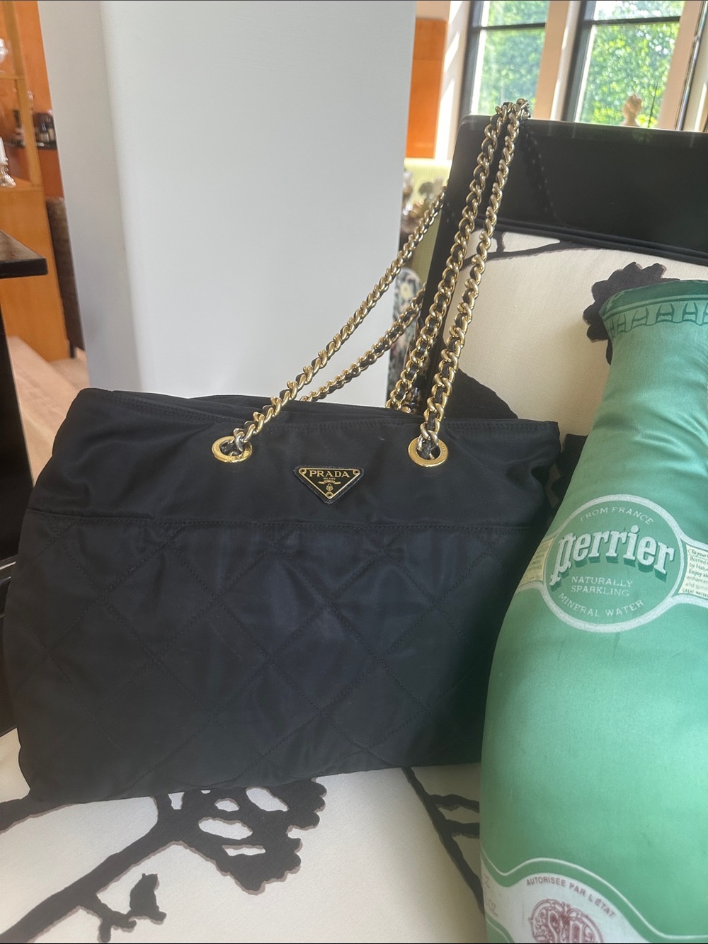 Prada Black Quilted Nylon Shoulder Bag with Gold Chain Handles
